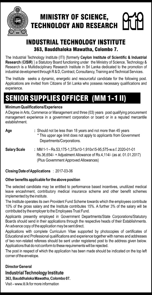 Senior Supplies Officer - Industrial Technology Institute